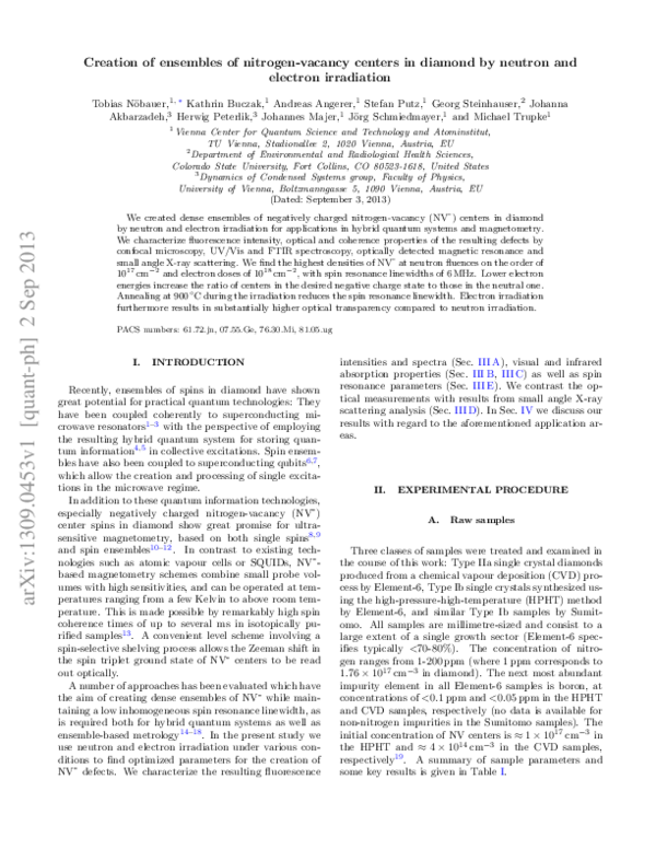 (PDF) Creation of ensembles of nitrogen-vacancy centers in diamond by ...