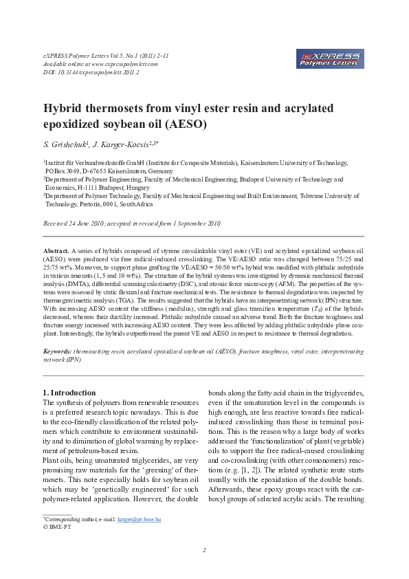 (PDF) Hybrid thermosets from vinyl ester resin and acrylated epoxidized soybean oil (AESO