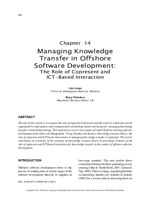 (PDF) Managing Knowledge Transfer in Offshore Software Development