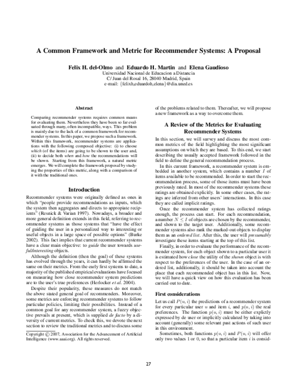 (PDF) A Common Framework and Metric for Recommender Systems: A Proposal