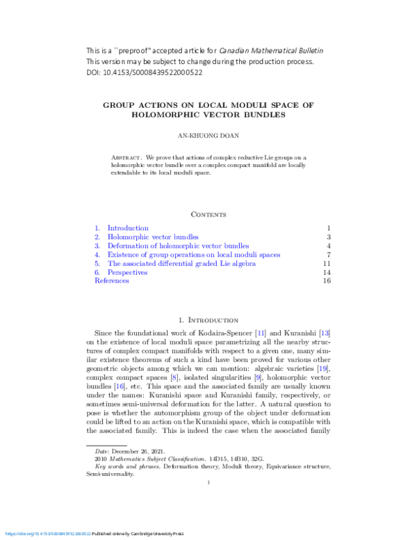 (PDF) Group actions on local moduli space of holomorphic vector bundles