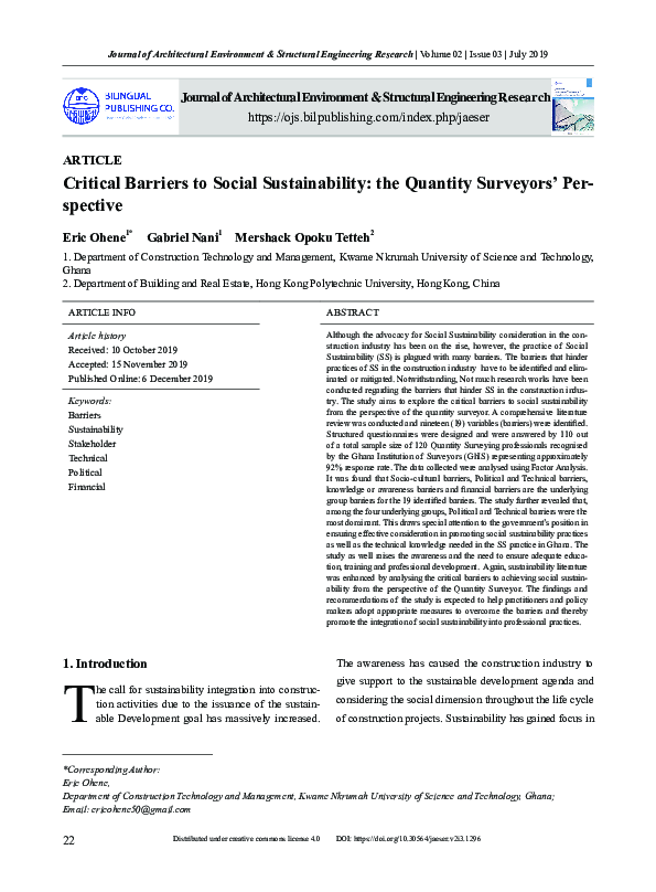 (PDF) Critical Barriers to Social Sustainability: the Quantity ...