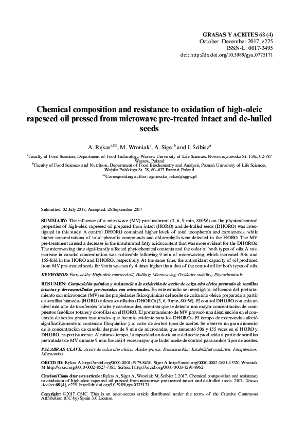 (PDF) Chemical composition and resistance to oxidation of high-oleic ...