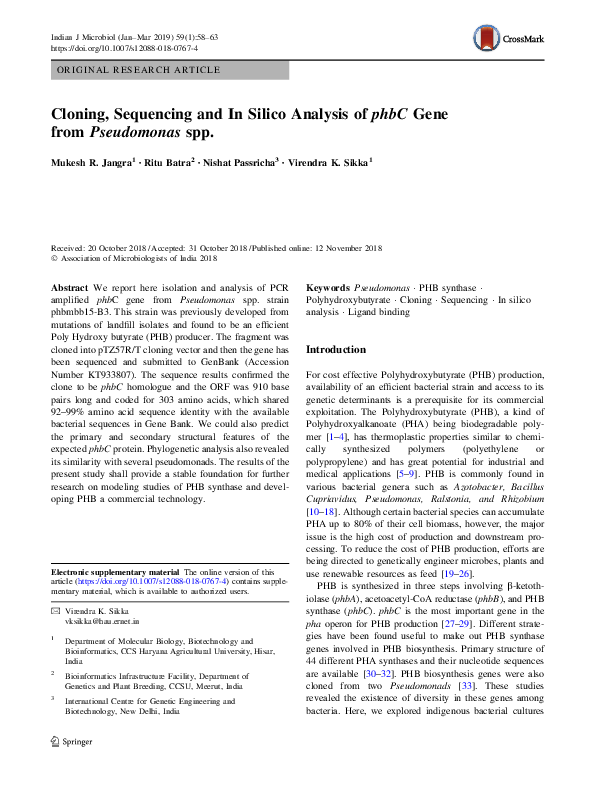 (PDF) Cloning, Sequencing and In Silico Analysis of phbC Gene from ...