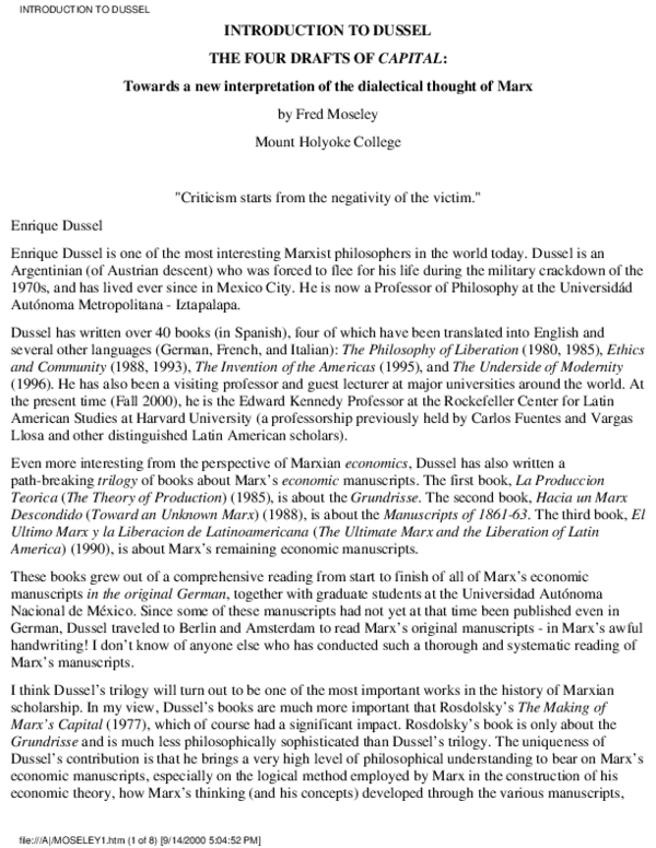 (PDF) INTRODUCTION TO DUSSEL THE FOUR DRAFTS OF CAPITAL: Towards a new ...