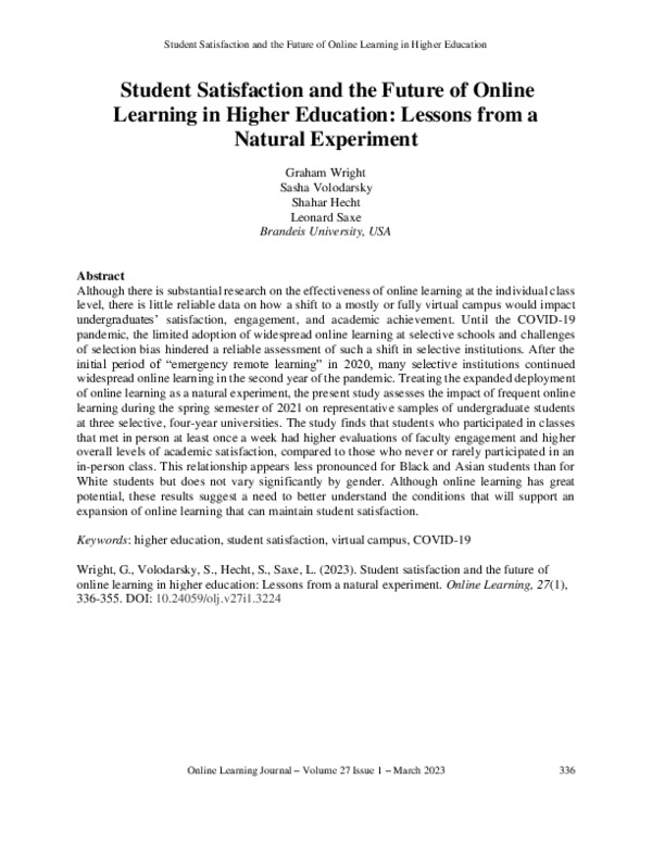 (PDF) Student Satisfaction and the Future of Online Learning in Higher ...