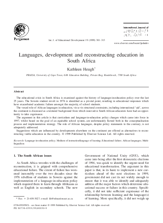 (PDF) Languages, development and reconstructing education in South Africa