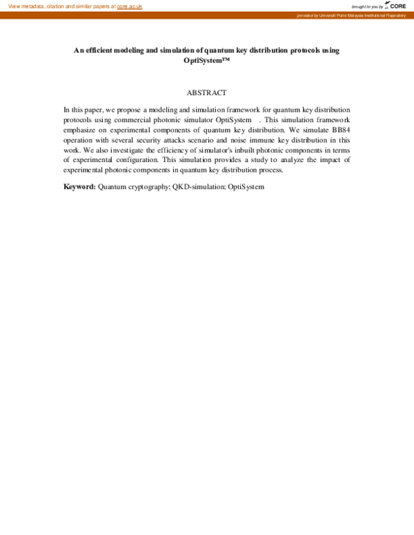 (PDF) An efficient modeling and simulation of quantum key distribution ...