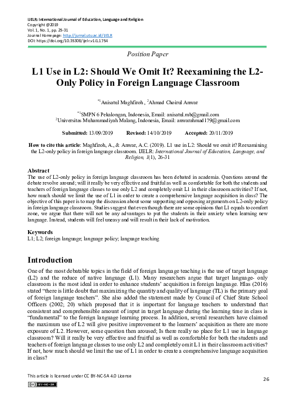 (PDF) L1 Use in L2: Should We Omit It? Reexamining the L2- Only Policy ...