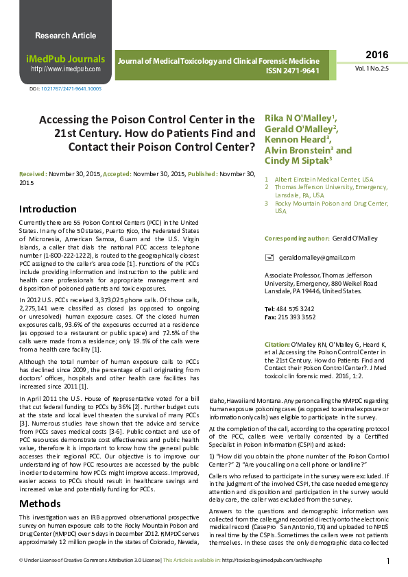 (PDF) Accessing the Poison Control Center in the 21st Century. How do ...