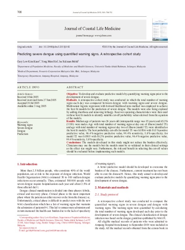 (PDF) Predicting severe dengue using quantified warning signs. A ...
