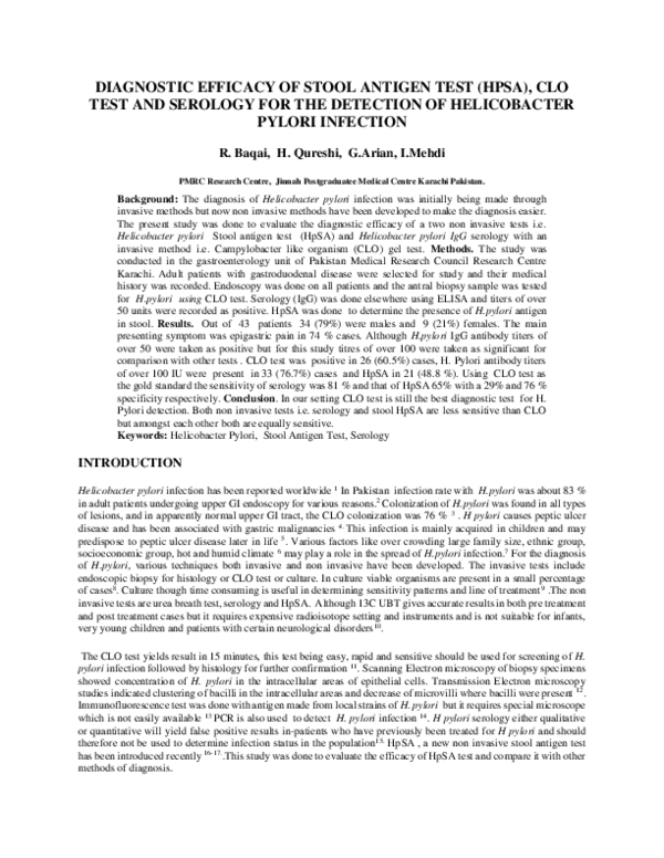 (PDF) Diagnostic efficacy of stool antigen test (HPSA), CLO test and