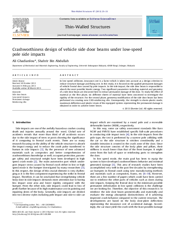 (PDF) Crashworthiness design of vehicle side door beams under low-speed ...