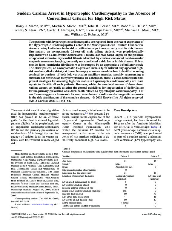 (PDF) Sudden Cardiac Arrest in Hypertrophic Cardiomyopathy in the ...