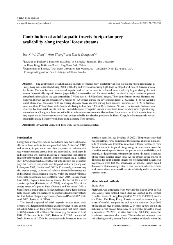 (PDF) Contribution of adult aquatic insects to riparian prey ...