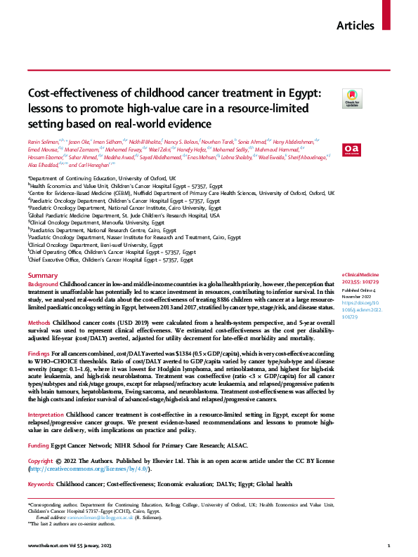 (PDF) Cost-effectiveness of childhood cancer treatment in Egypt ...