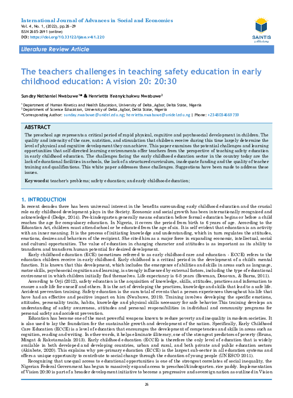(PDF) The teachers challenges in teaching safety education in early ...