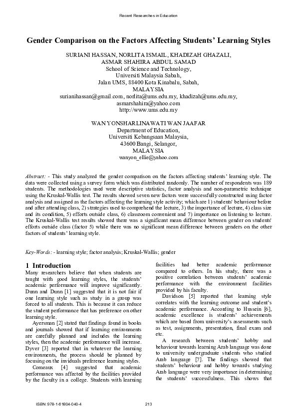 (PDF) Gender Comparison on the Factors Affecting Students' Learning Styles