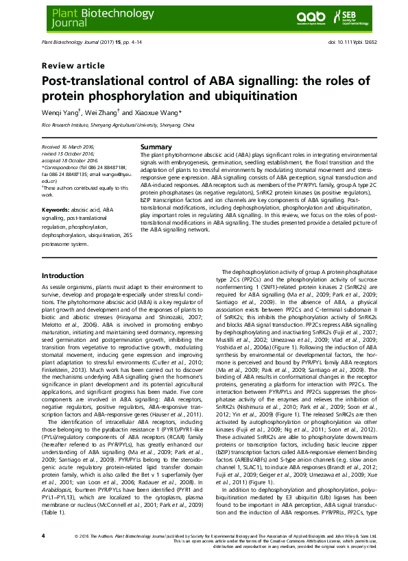 (PDF) Post-translational control of ABA signaling: the roles of protein ...