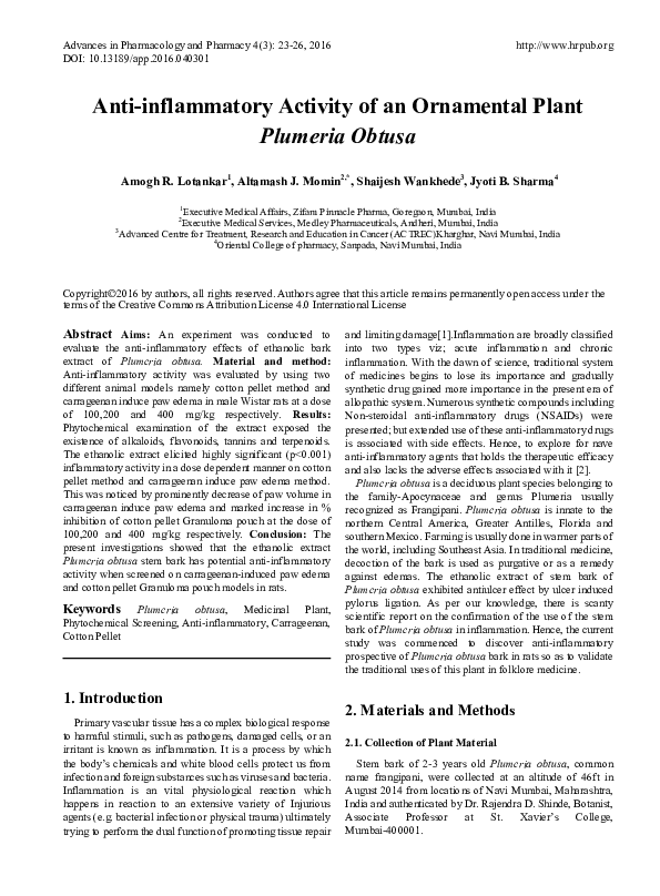 (PDF) Anti-inflammatory Activity of an Ornamental Plant Plumeria Obtusa