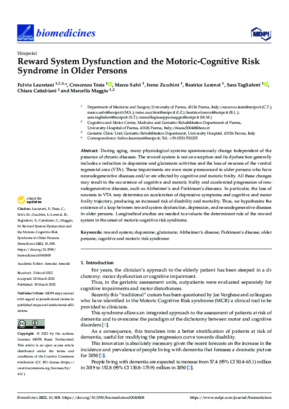 Reward System Dysfunction and the Motoric-Cognitive Risk Syndrome in Older Persons