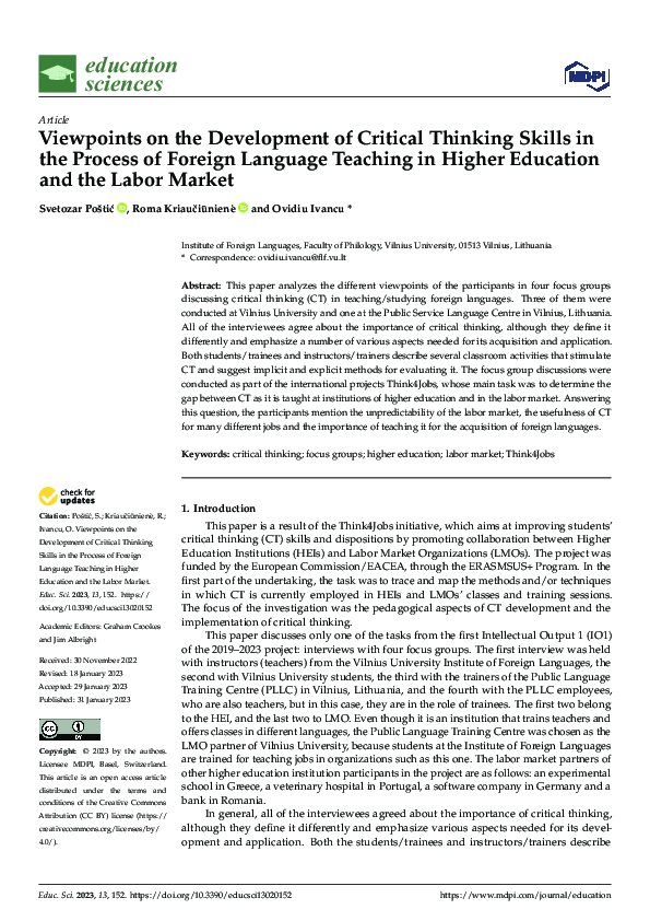 (PDF) Viewpoints on the Development of Critical Thinking Skills in the ...