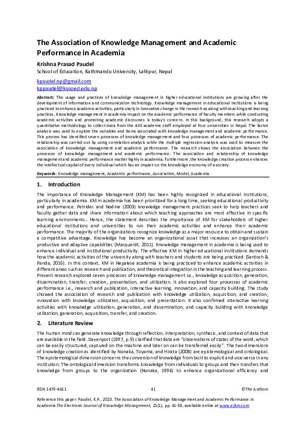 (PDF) The Association of Knowledge Management and Academic Performance ...