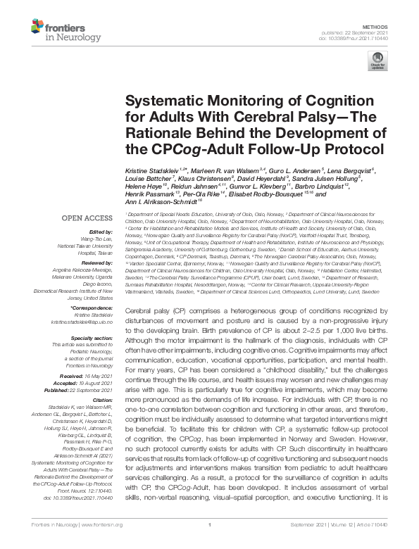 (PDF) Systematic Monitoring of Cognition for Adults With Cerebral Palsy ...