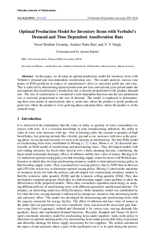 (PDF) Optimal Production Model for Inventory Items with Verhulst’s ...