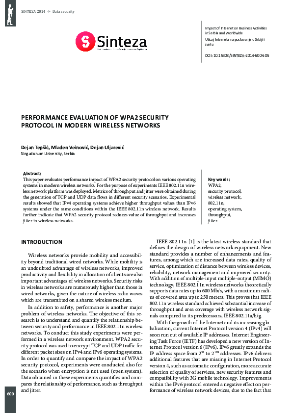 (PDF) Performance evaluation of WPA2 security protocol in modern ...