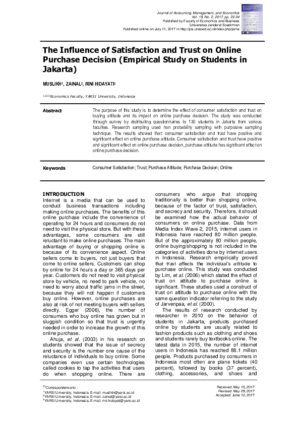 (PDF) The Influence of Satisfaction and Trust on Online Purchase ...