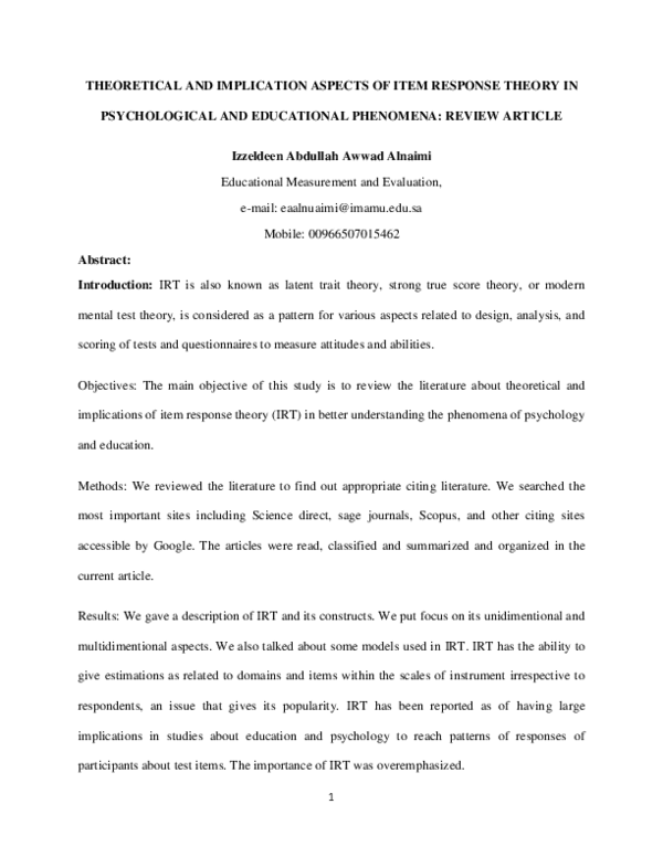 (PDF) Theoretical and Implication Aspects of Item Response Theory in ...