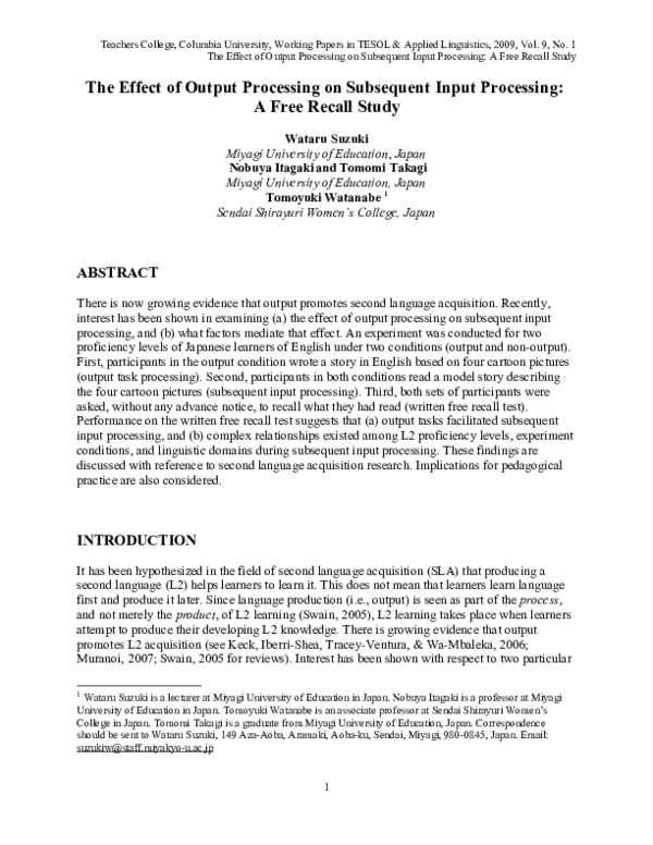 The Effect of Output Processing on Subsequent Input Processing: A Free Recall Study