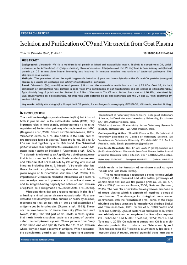 (PDF) Isolation and Purification of C9 and Vitronectin from Goat Plasma