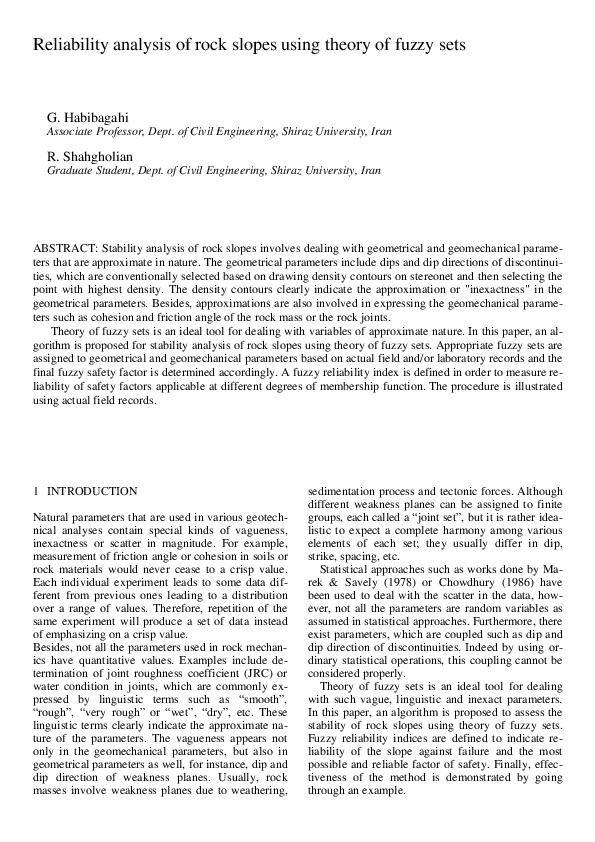 (PDF) Reliability analysis of rock slopes using theory of fuzzy sets