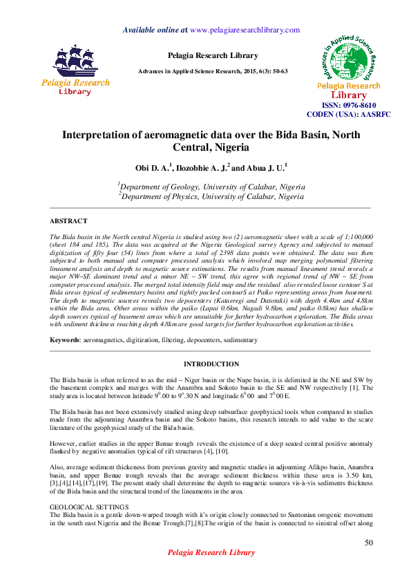 (PDF) Interpretation of aeromagnetic data over the Bida Basin ...