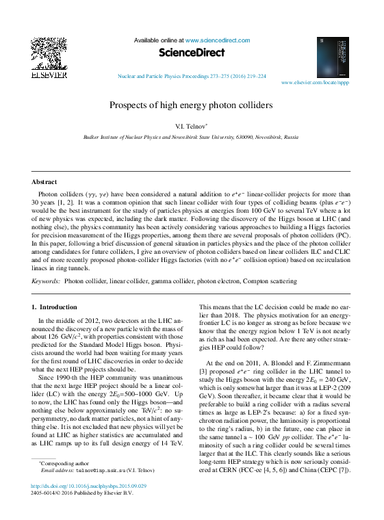 (PDF) Prospects of high energy photon colliders
