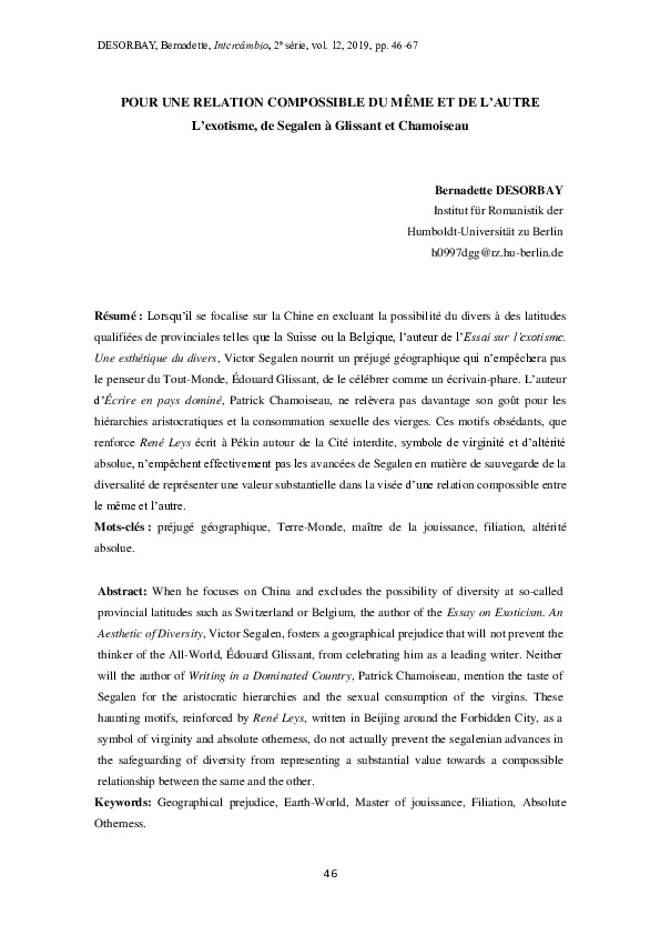 (PDF) Pour une relation compossible du même et de l’autre L’exotisme ...