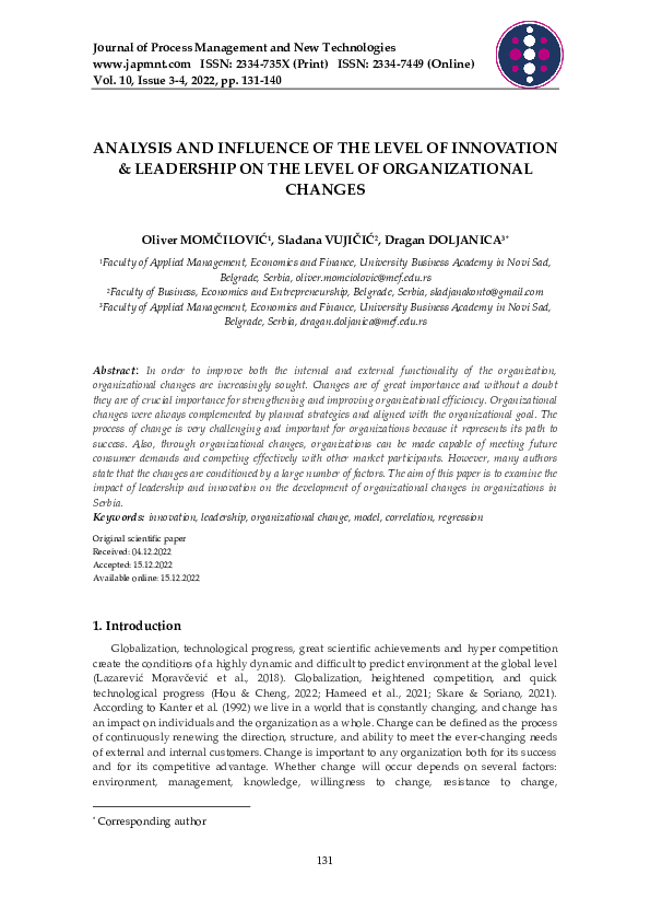 (PDF) Analysis and influence of the level of innovation & leadership on ...