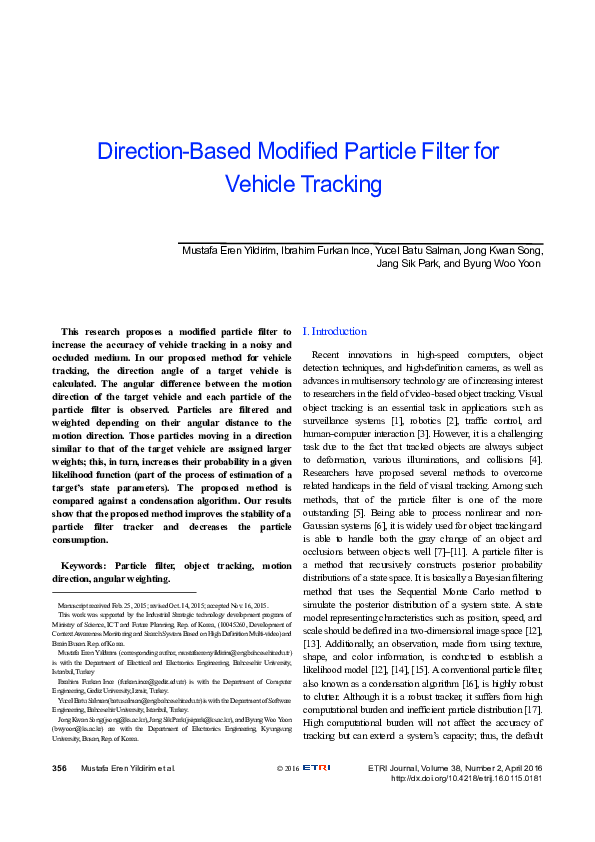 (PDF) Direction Based Modfied Particle Filter for Vehicle Tracking