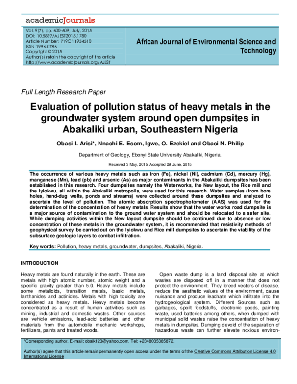 (PDF) Evaluation of pollution status of heavy metals in the groundwater ...