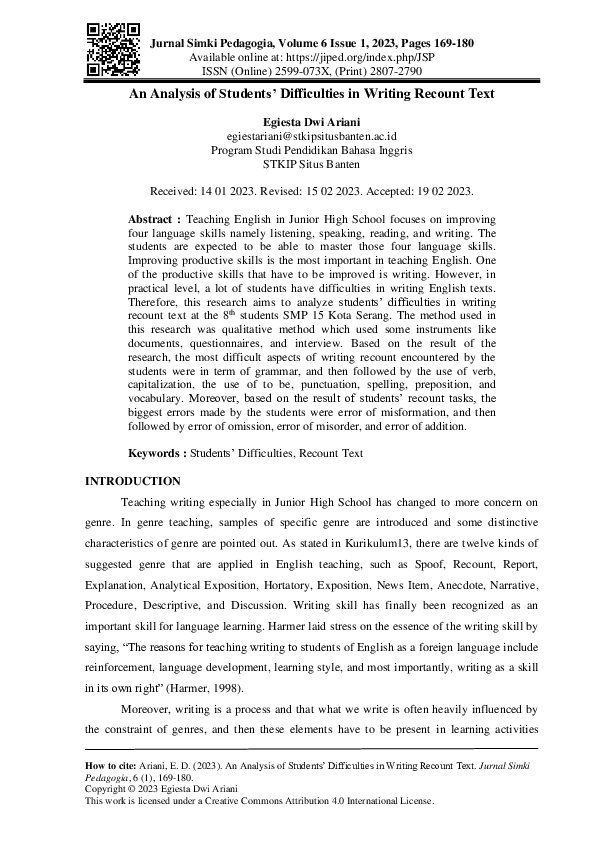 (PDF) An Analysis of Students’ Difficulties in Writing Recount Text