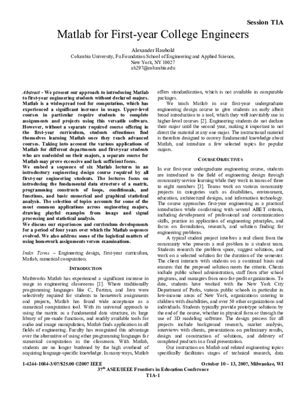 (PDF) Matlab for first-year college engineers