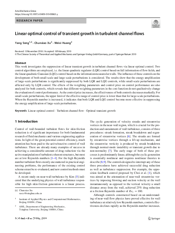 (PDF) Linear optimal control of transient growth in turbulent channel flows