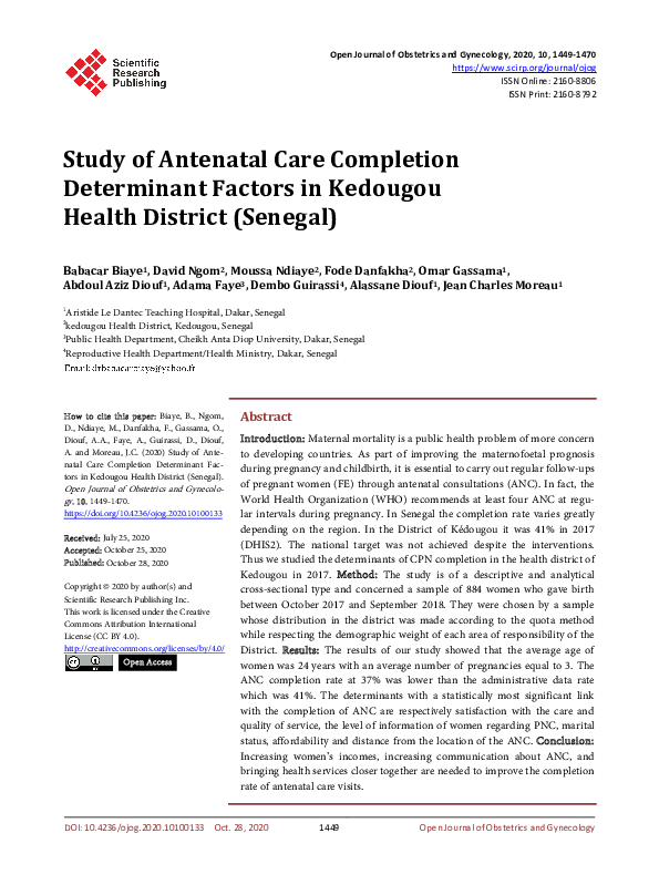 (PDF) Determinants of Antenatal Care Completion in Kedougou, Senegal