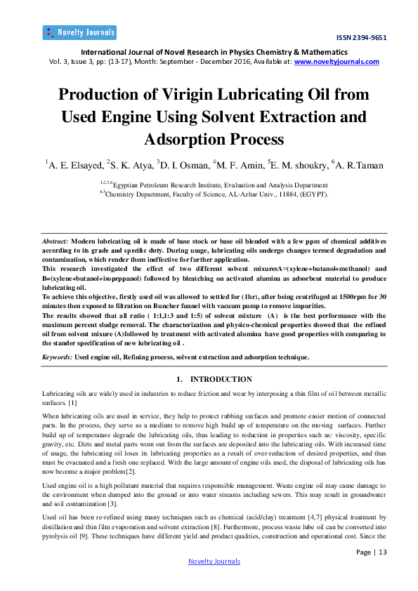 (PDF) Production of Virigin Lubricating Oil from Used Engine Using
