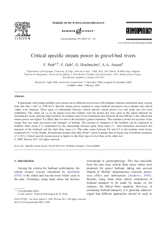 (PDF) Critical specific stream power in gravel-bed rivers