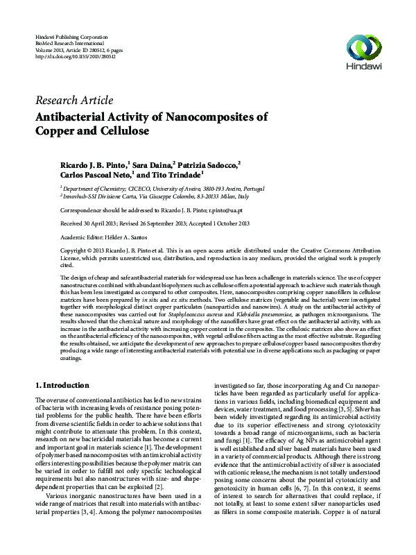 (PDF) Antibacterial activity of nanocomposites of copper and cellulose