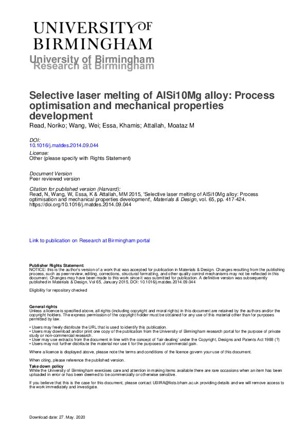 (PDF) Selective laser melting of AlSi10Mg alloy: Process optimisation ...