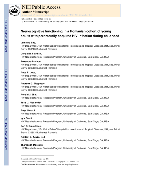 (PDF) Neurocognitive functioning in a Romanian cohort of young adults ...